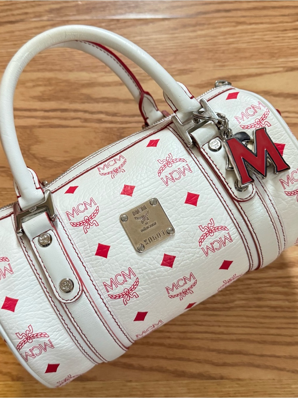 MCM White & Red Visetos Mini Boston Bag with M Charm
